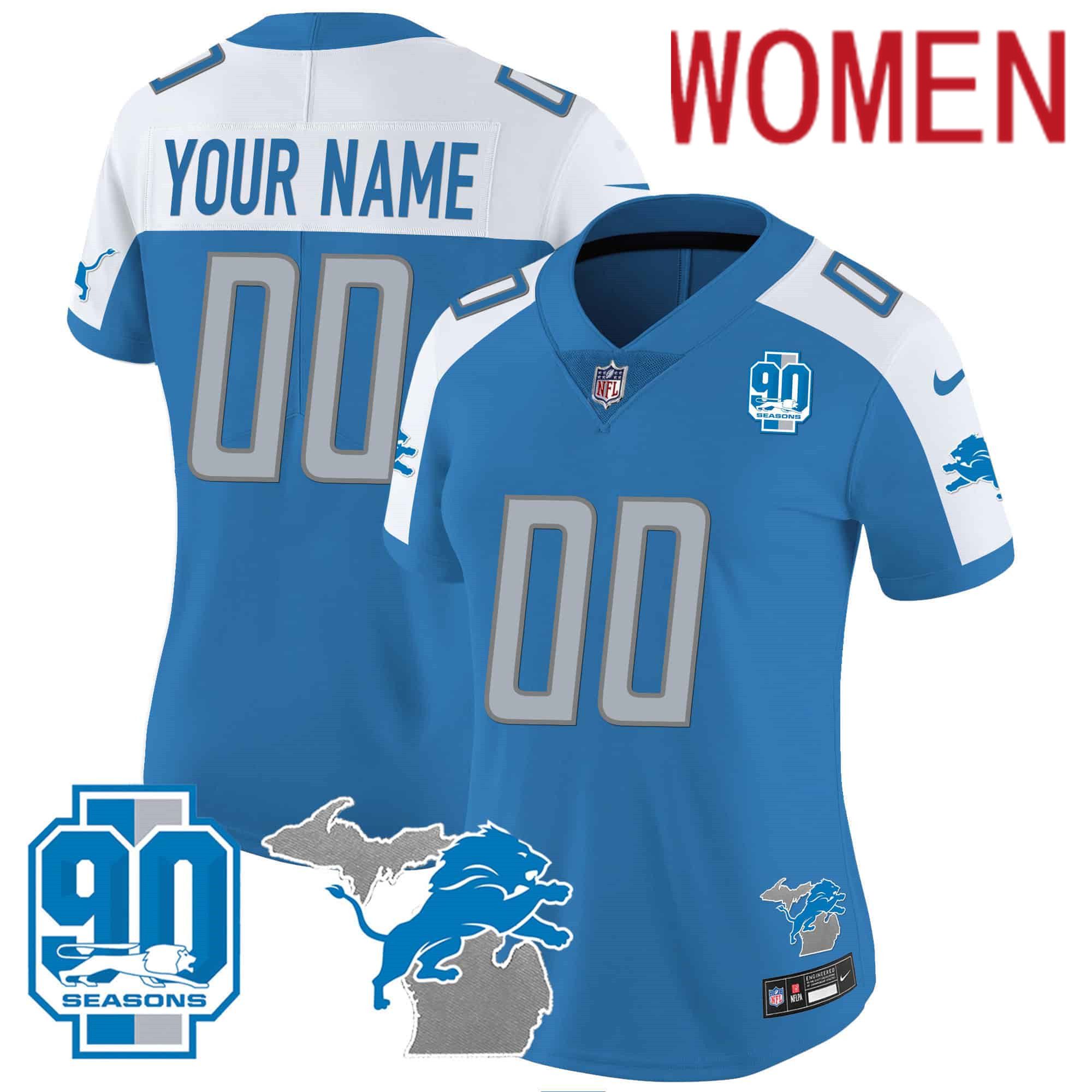 Women Detroit Lions Blue 2024 Nike 90th Year Michigan Patch Custom Vapor NFL Jersey->customized nfl jersey->Custom Jersey